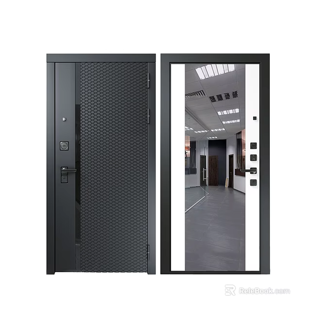 Black Swing Door With Mesh Design And Glass Panel For Interior Use 3d model
