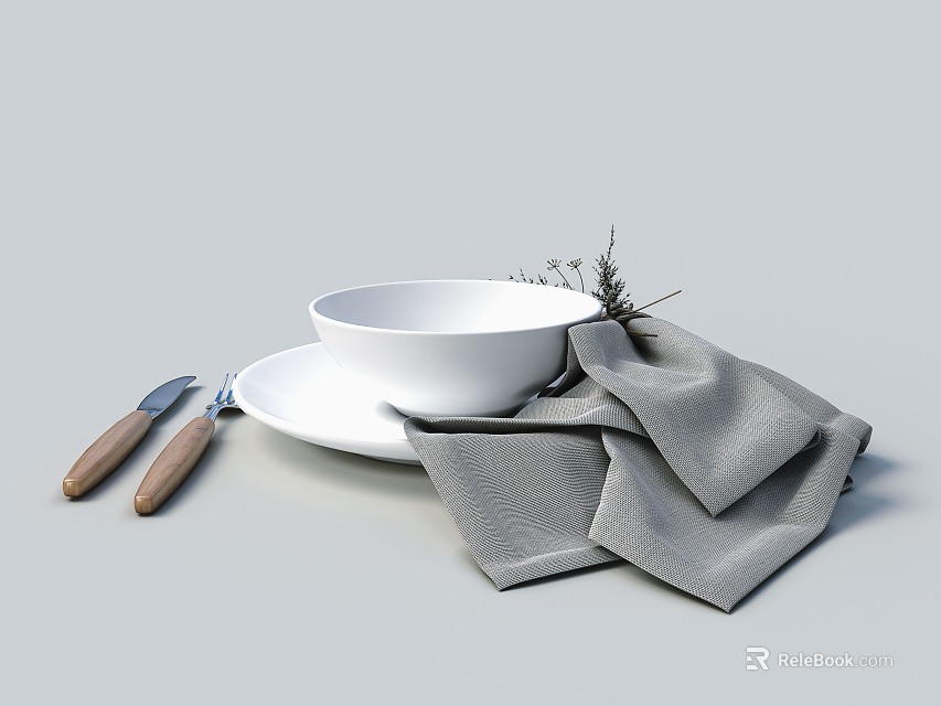 Dinnerware Set with White Bowl and Plate Wooden Handle Utensils Gray Napkin Decorative Dried Flowers 3d model 