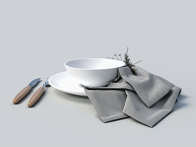 Dinnerware Set with White Bowl and Plate Wooden Handle Utensils Gray Napkin Decorative Dried Flowers 3d model