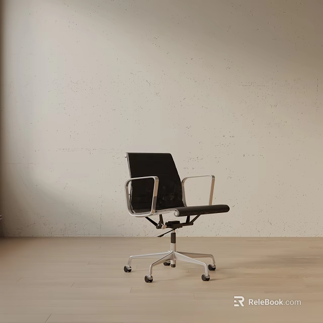 Black Office Chair With Metal Armrests Silver Base Wheels On Light Colored Wall Wooden Floor 3d model 