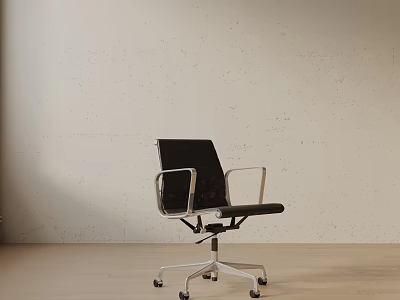 Black Office Chair With Metal Armrests Silver Base Wheels On Light Colored Wall Wooden Floor 3d model