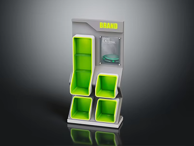 Modern Functional Branded Display Shelf With Green Compartments And Tiered Design 3d model