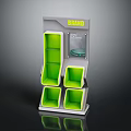 Modern Functional Branded Display Shelf With Green Compartments And Tiered Design