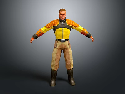 Man In Yellow And Black Jacket With Beige Brown Pants And Black Boots Arms Outstretched 3d model
