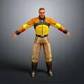 Man In Yellow And Black Jacket With Beige Brown Pants And Black Boots Arms Outstretched