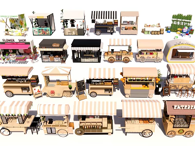 Different Types of Functional Mobile Vending Carts for Street Food and Beverage Selling 3d model