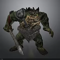 Fierce Green Skinned Fantasy Monster With Spiked Armor Battle Axe And Blood Stains