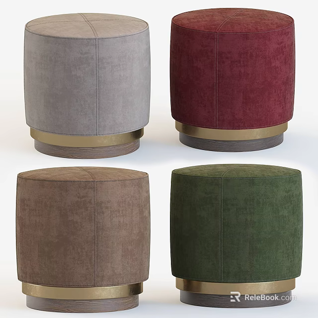 Modern Round Upholstered Stools with Gold Metal Base in Four Colors 3d model 