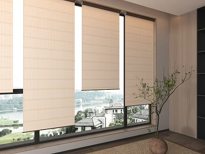 Beige Roman Blinds For Windows In Modern Interior With City River View And Green Plant 3d model
