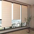 Beige Roman Blinds For Windows In Modern Interior With City River View And Green Plant
