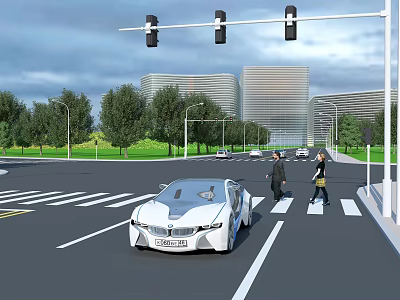 Modern Road Facilities With Traffic Lights Zebra Crossing Pedestrians And Cars In Urban Area 3d model