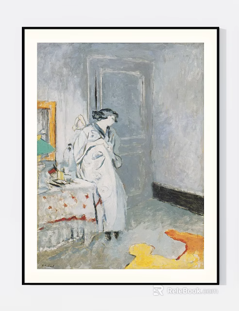 Vintage Portrait Painting of Robed Female Figure in Room With Dressing Table Mirror and Lamp 3d model 