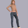 Women In Beige Tops And Blue Jeans Posing In Various Styles On Gray Background