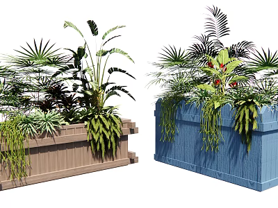 Wooden Brown And Blue Flower Planters With Tropical Plants Palm Leaves Hanging Ferns 3d model