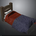 Wooden Bed With Red And Blue Quilt And White Pillows For Bedroom