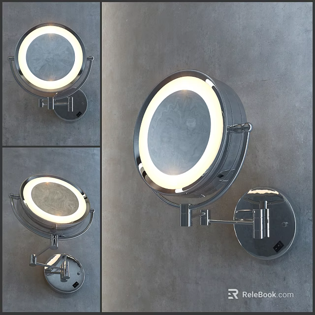 Round Illuminated Mirror Wall Mounted With Metal Bracket And Gray Wall Background 3d model 