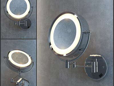 Round Illuminated Mirror Wall Mounted With Metal Bracket And Gray Wall Background 3d model
