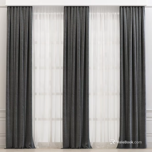 Dark And White Double Layer Curtains With Sheer Panels And Pleated Design 3d model 