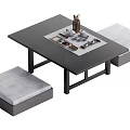 Black Tea Table With Gray Cushioned Seats And Tea Set Decorative Items 3d model