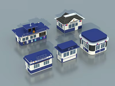 Small Blue And White Security Kiosks With Different Roof And Window Designs 3d model