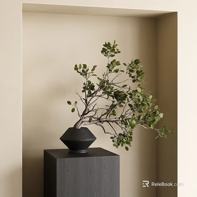 Black Vase With Green Leaf Branches Placed On Dark Cube Base Against Beige Wall 3d model