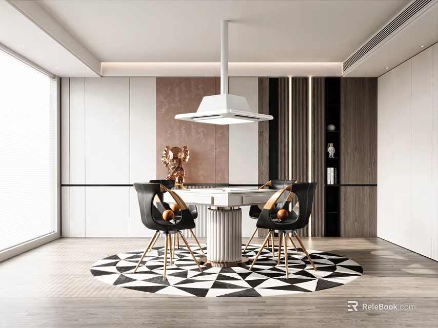 Modern Dining Room With Round Table Black Chairs And Geometric Rug 3d model