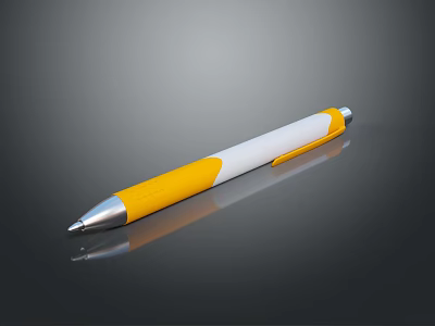 Yellow and White Sleek Ballpoint Pen with Reflection on Black Background 3d model