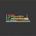 Modern Scene With Yellow Blue Train Bus Railway Track Level Crossing Building Trees And Boats