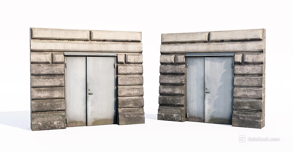 Stone Entrance Gates with Double Door Design and Striped Stone Facade in Classic Architectural Style 3d model 