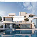 Modern Detached Villa With Large Glass Windows White Exterior Swimming Pool And Terrace