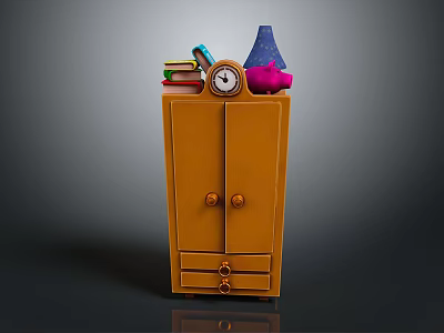 Wooden Wardrobe With Stacked Books Alarm Clock Table Lamp And Pink Decor 3d model