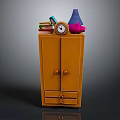 Wooden Wardrobe With Stacked Books Alarm Clock Table Lamp And Pink Decor