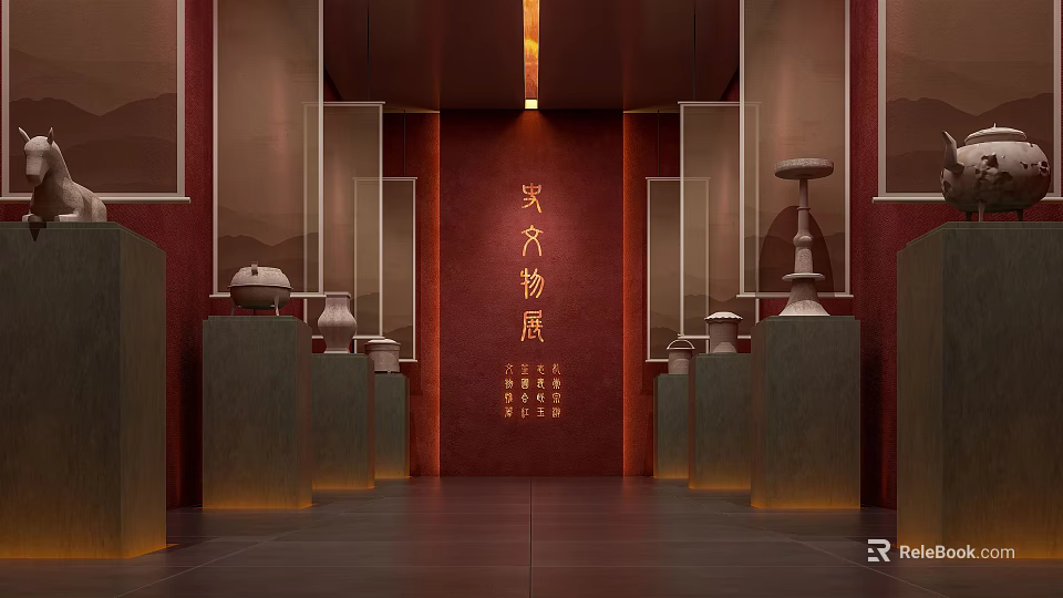 Chinese Cultural Relics Exhibition Hall With Red Background And Traditional Display Cabinets Showcasing Ancient Artifacts 3d model 