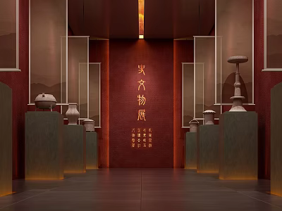 Chinese Cultural Relics Exhibition Hall With Red Background And Traditional Display Cabinets Showcasing Ancient Artifacts 3d model
