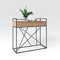 Modern Minimalist Entryway Console Table with Wooden Drawers Black Metal Cross Frame and Green Plant Decoration