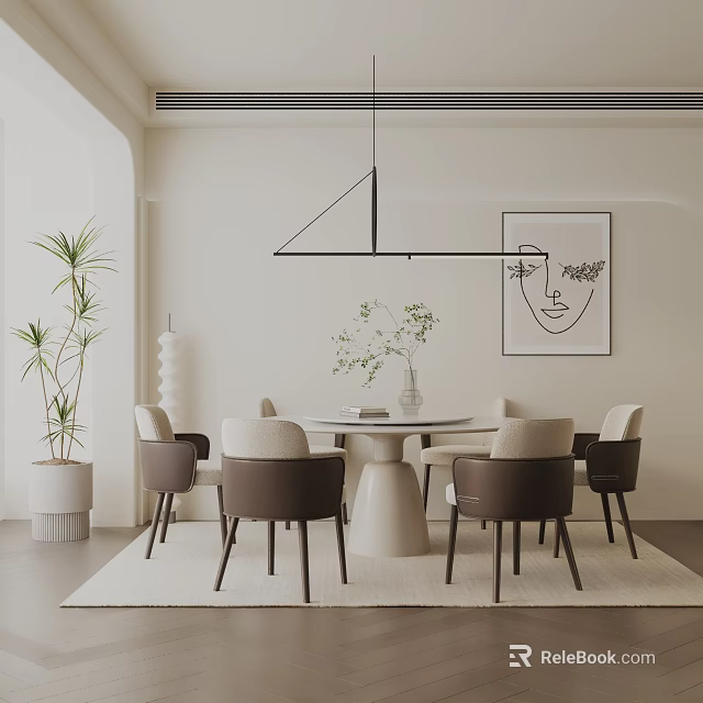 Modern Dining Table Set With Round Table Chairs Hanging Light Potted Plant And Wall Art 3d model 