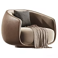 Modern Brown Beige Armchair With Striped Pillow And Plaid Blanket