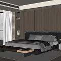 Modern Bedroom Double Bed With Leather Headboard Gray Bedding Nightstand Lamp Large Window Wooden Floor