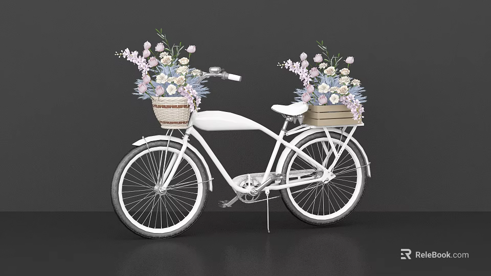 White Bicycle With Front And Rear Flower Baskets Filled With Pink White Blooms 3d model 
