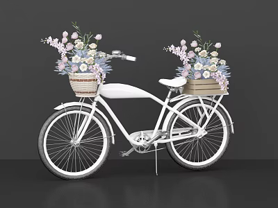White Bicycle With Front And Rear Flower Baskets Filled With Pink White Blooms 3d model