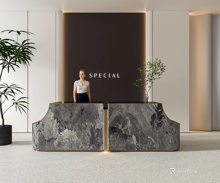 Modern Reception Desk With Marble Surface And Gold Accents Against Dark Backdrop With Green Plants 3d model 