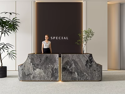 Modern Reception Desk With Marble Surface And Gold Accents Against Dark Backdrop With Green Plants 3d model