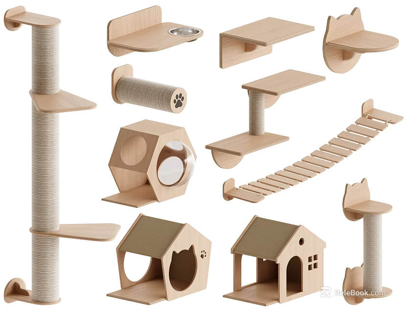 Wooden Cat Tree With Scratching Posts Platforms And Cozy Cat House Components 3d model 