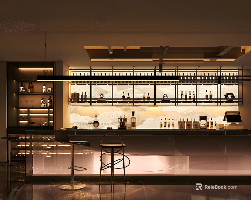 Modern Bar Interior With Illuminated Wine Racks Counter And Stools 3d model 