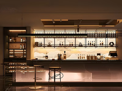 Modern Bar Interior With Illuminated Wine Racks Counter And Stools 3d model