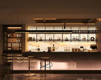 Modern Bar Interior With Illuminated Wine Racks Counter And Stools 3d model