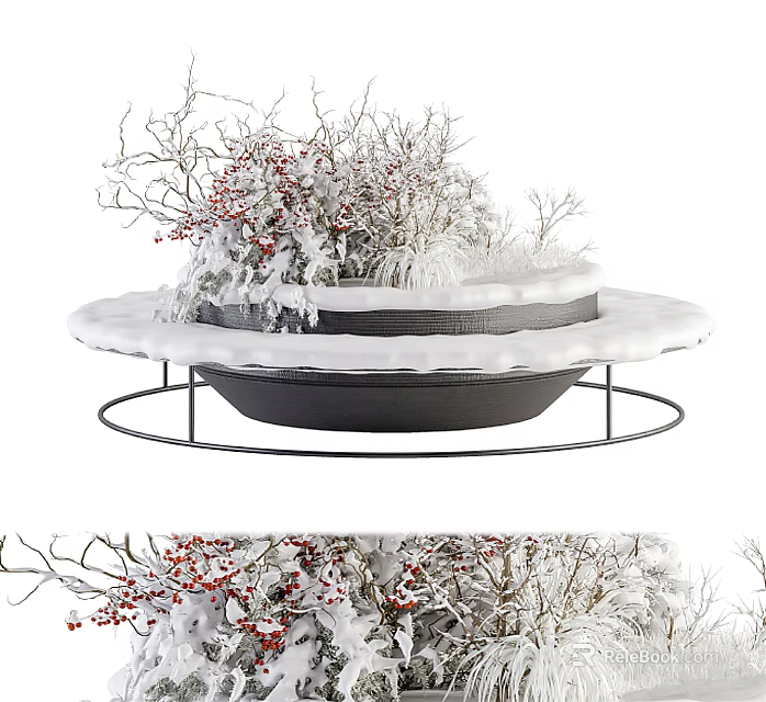 Snow Covered Bonsai Plant With Red Berries In Black Pot On Metal Stand 3d model 