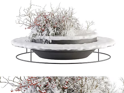 Snow Covered Bonsai Plant With Red Berries In Black Pot On Metal Stand 3d model