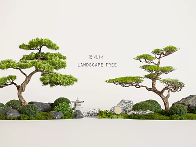 Traditional Garden Landscape With Pine Trees Rocks Stone Lantern And Green Grass 3d model