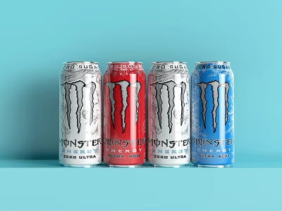 Monster Energy Drink Cans in Silver Red and Blue on Light Blue Background 3d model